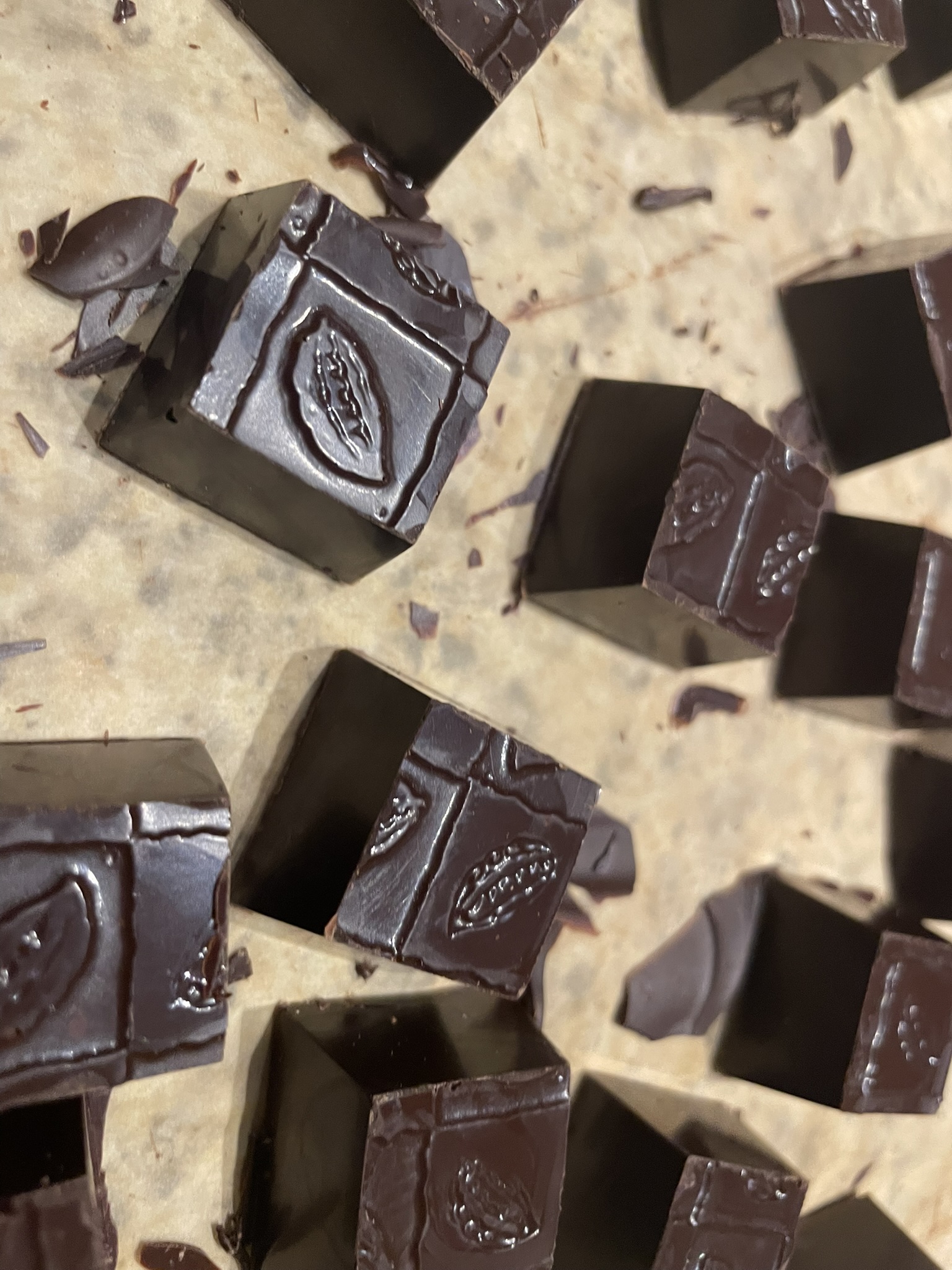 Kvadratpralinen - Dunkle Schokolade mit Honig und Kakaonibs